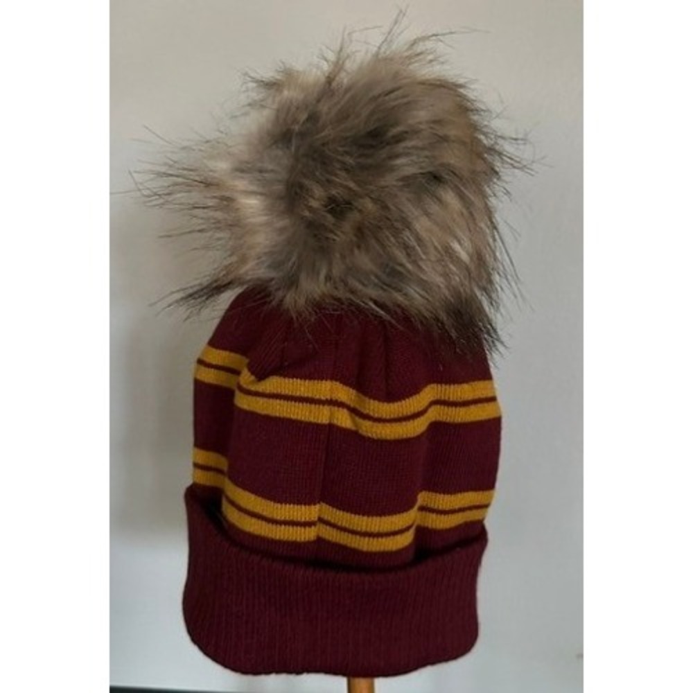 Midwest Knit Beanie Burgundy Gold Pom Pom Cuffed Winter Hat Crown Patch - Picture 5 of 5